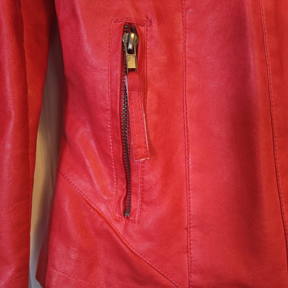 Yest Fashion Bright Orange Faux Leather Moto Jacket - Picture 3 of 6